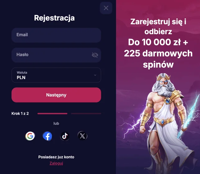 Formularz rejestracji NV Casino: e-mail, hasło i waluta PLN, bonus do 10 000 zł + 225 darmowych spinów, rejestracja przez Google, Facebook, TikTok lub X